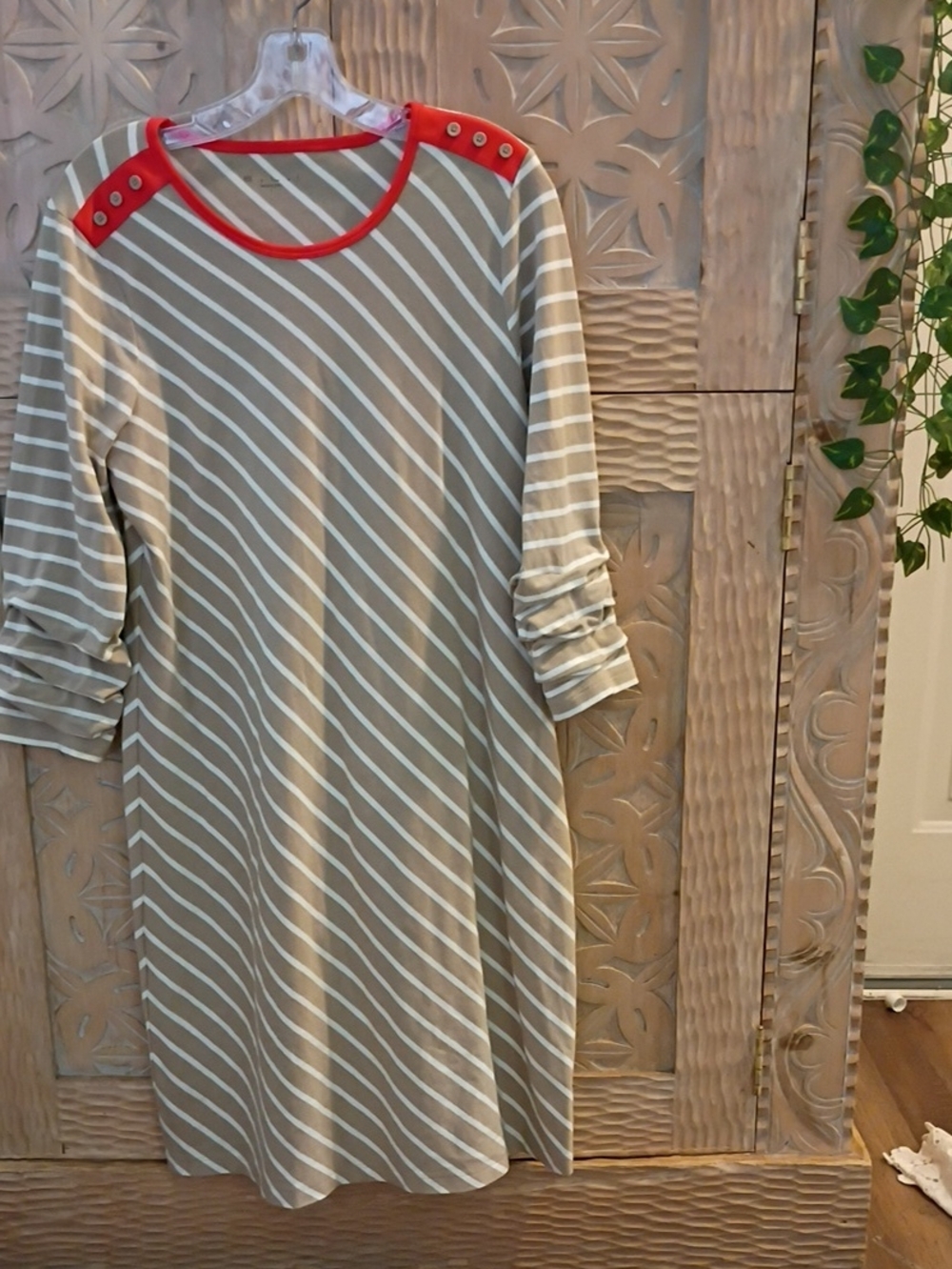 Striped Taupe and White Shift Dress with Red Trim